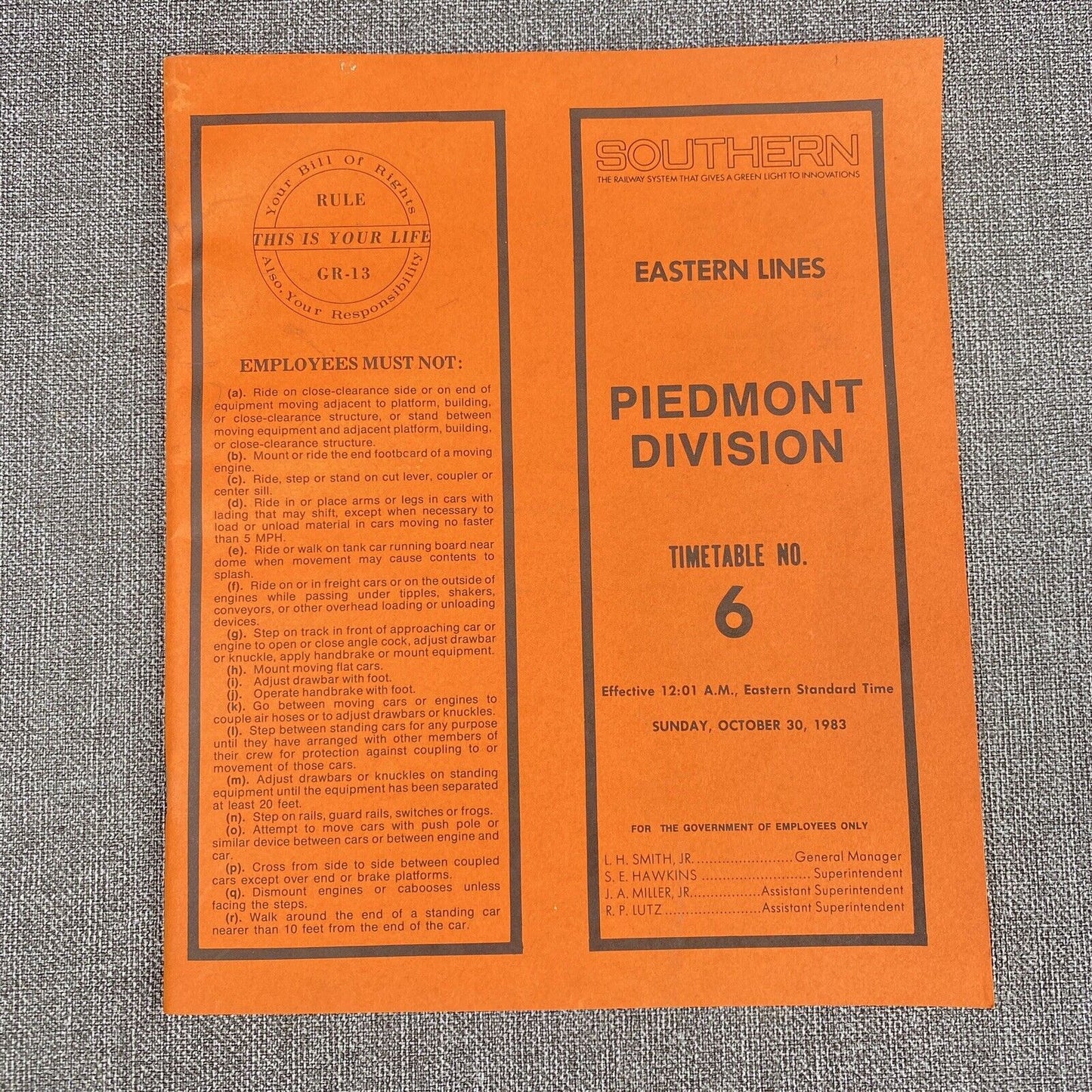SOUTHERN RAILWAY SOU RR Piedmont Division Timetable No. 6 October 30, 1983