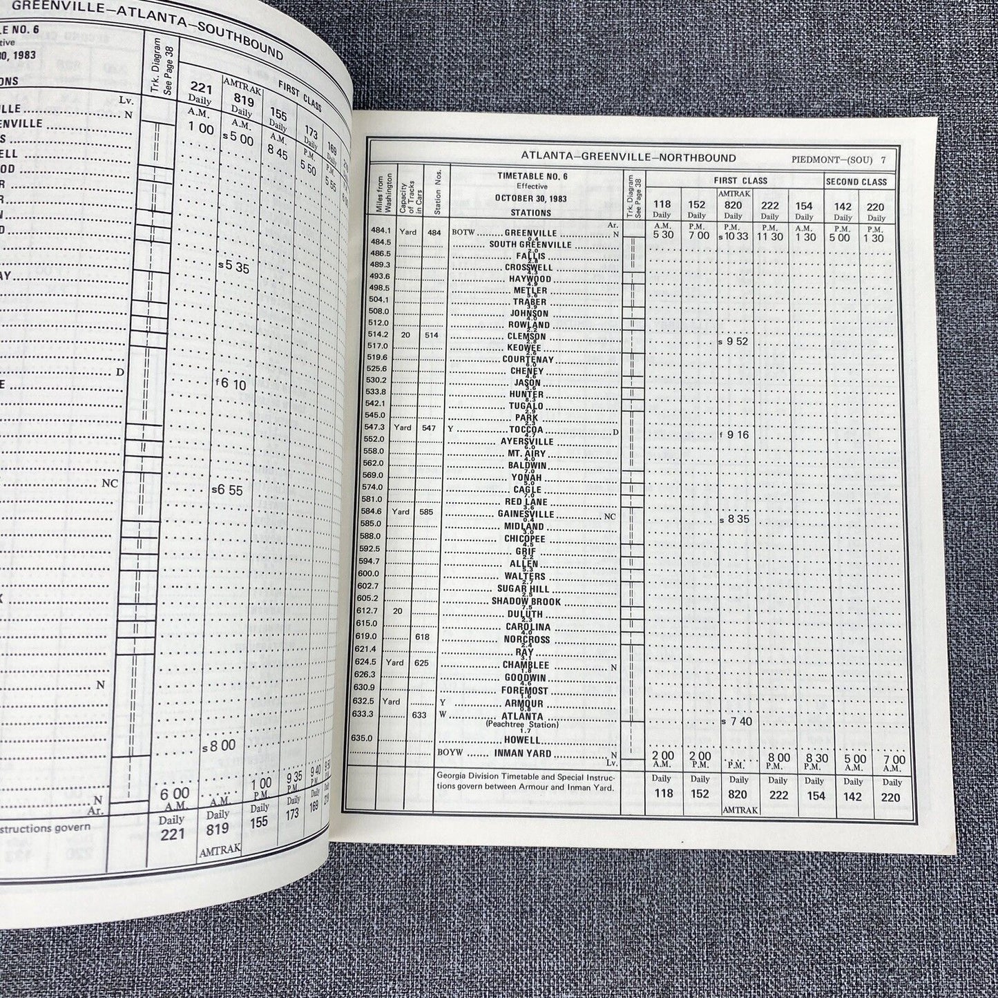 SOUTHERN RAILWAY SOU RR Piedmont Division Timetable No. 6 October 30, 1983