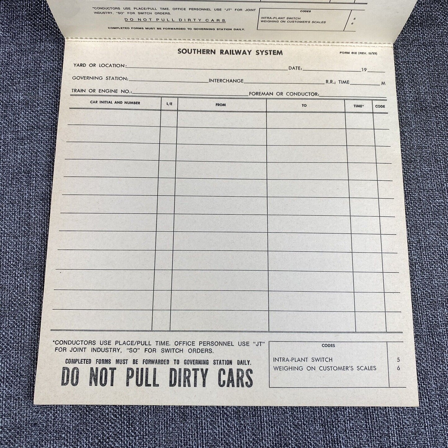 Vintage Southern Railway System Conductor's Report of Cars Handled Booklet