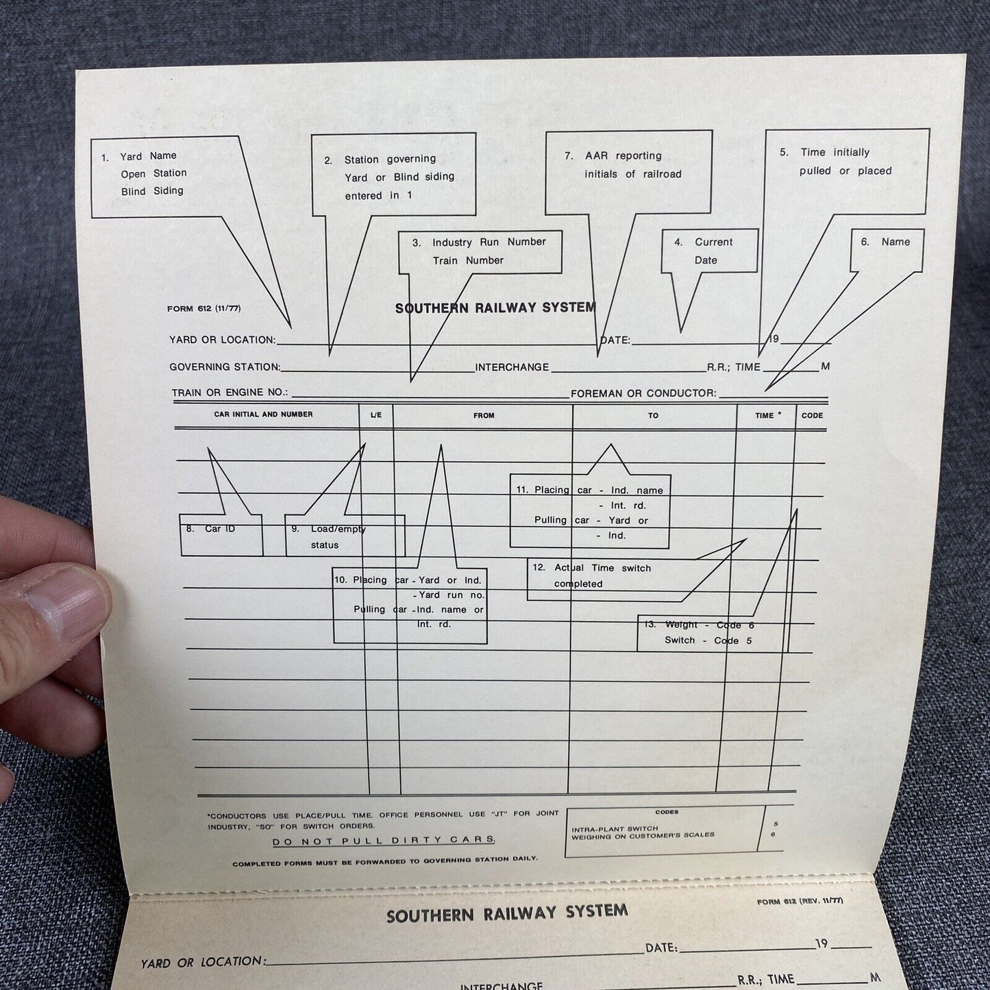 Vintage Southern Railway System Conductor's Report of Cars Handled Booklet