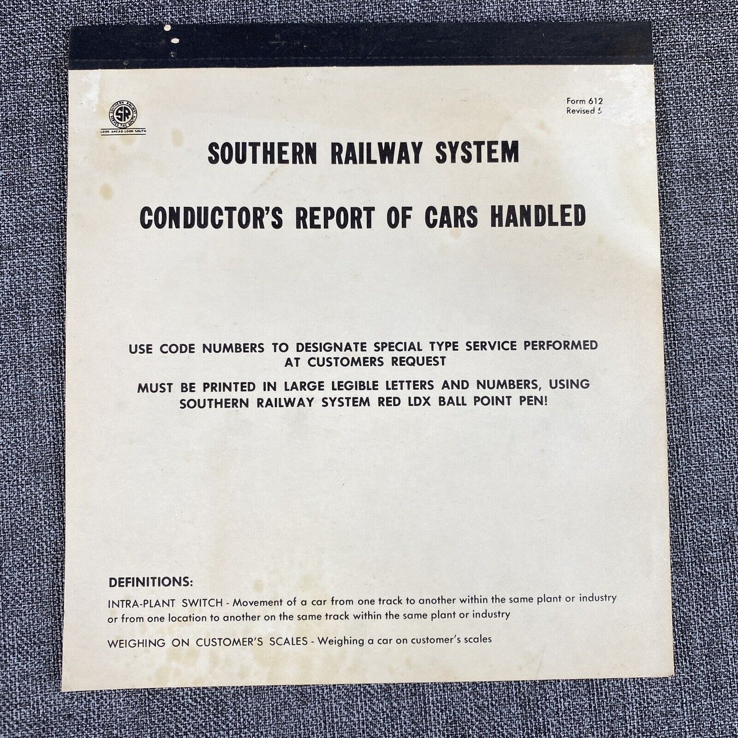 Vintage Southern Railway System Conductor's Report of Cars Handled Booklet