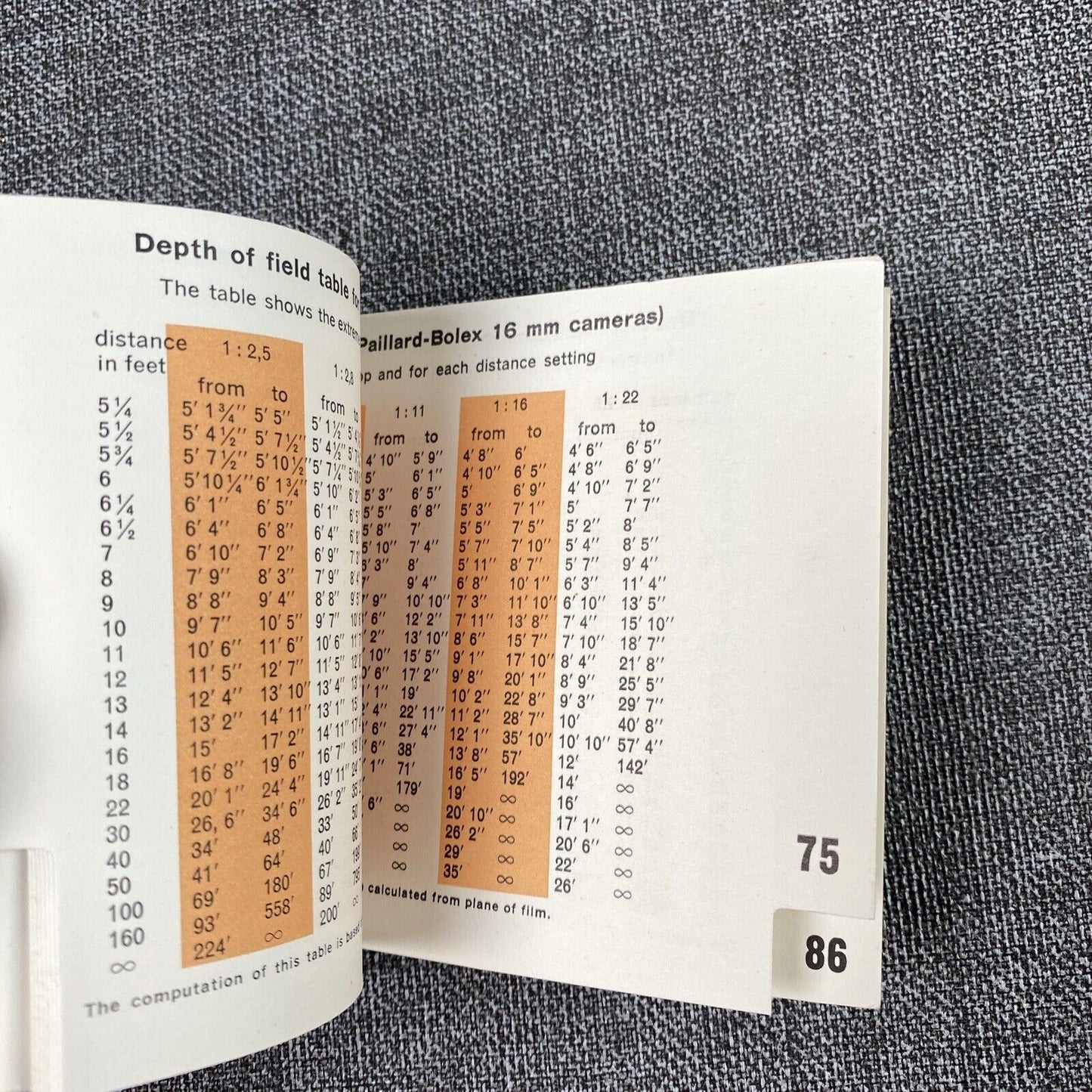Kern-Paillard Lens Depth of Field Table Booklet , 14 pages