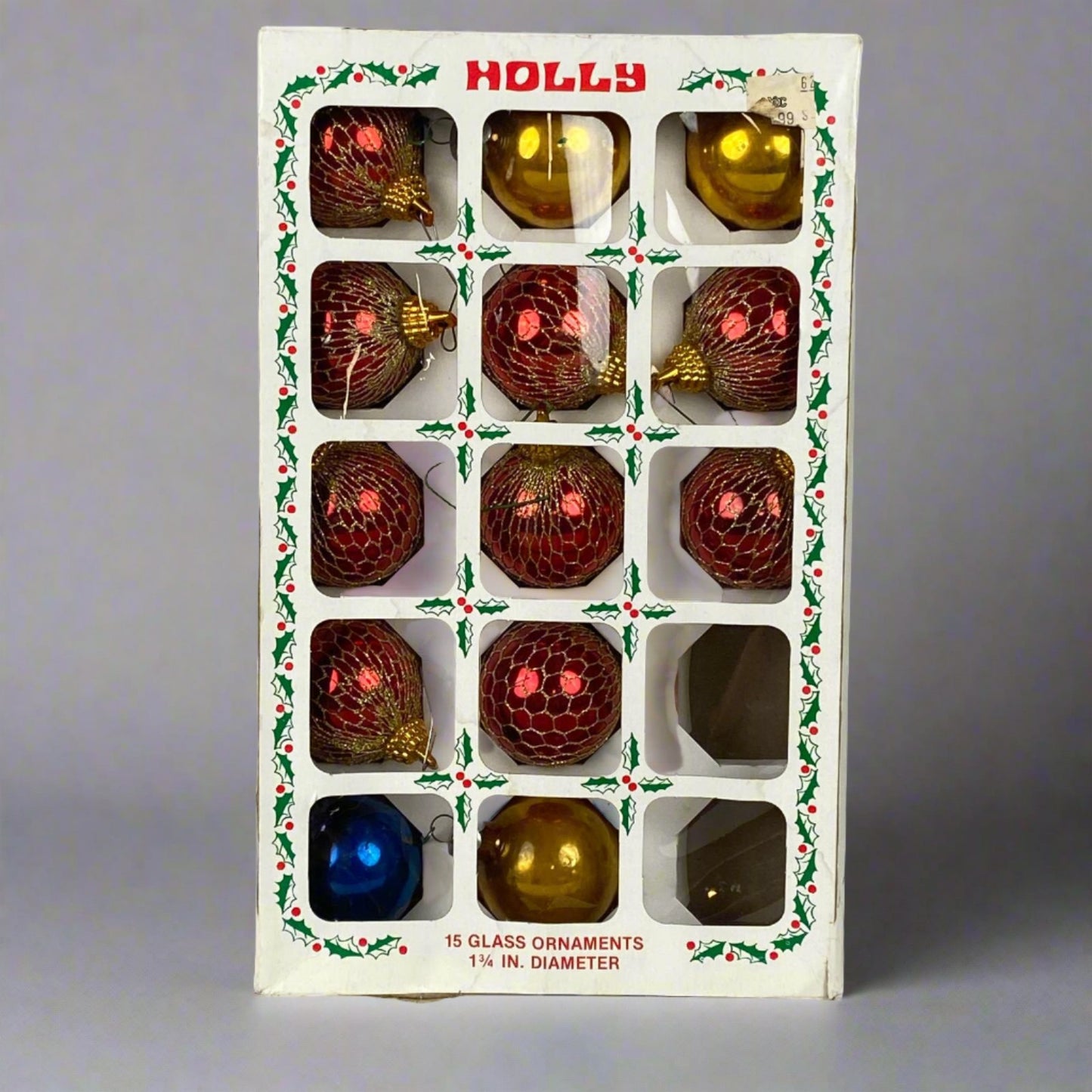 Holly Glass Christmas Ball Ornaments Gold/Red, Vintage