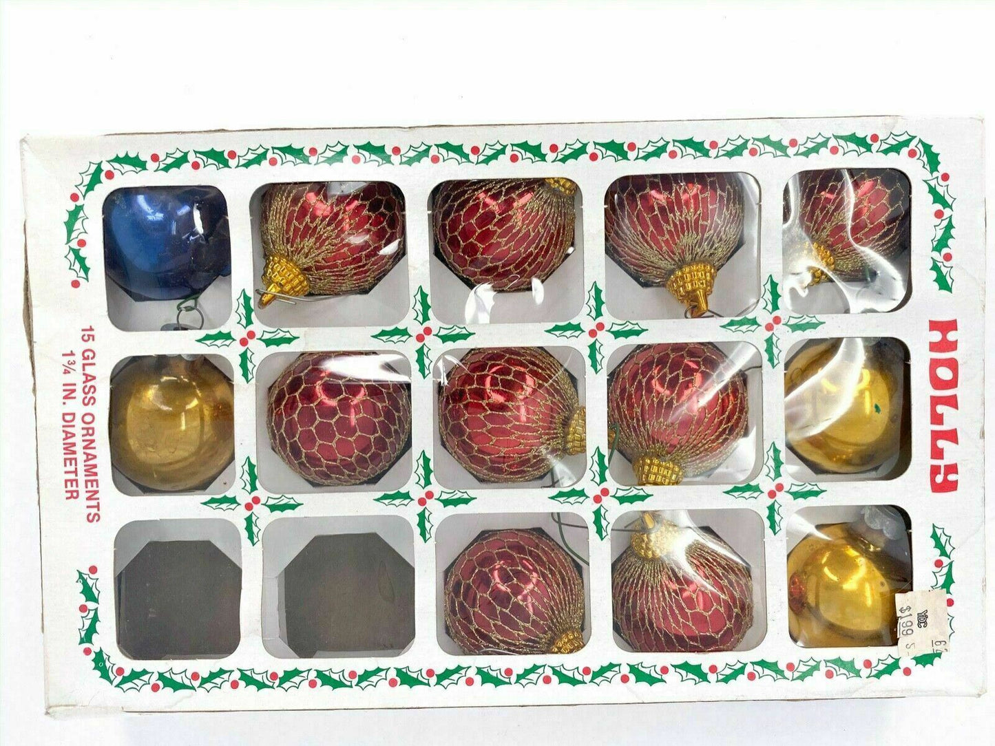 Holly Glass Christmas Ball Ornaments Gold/Red, Vintage