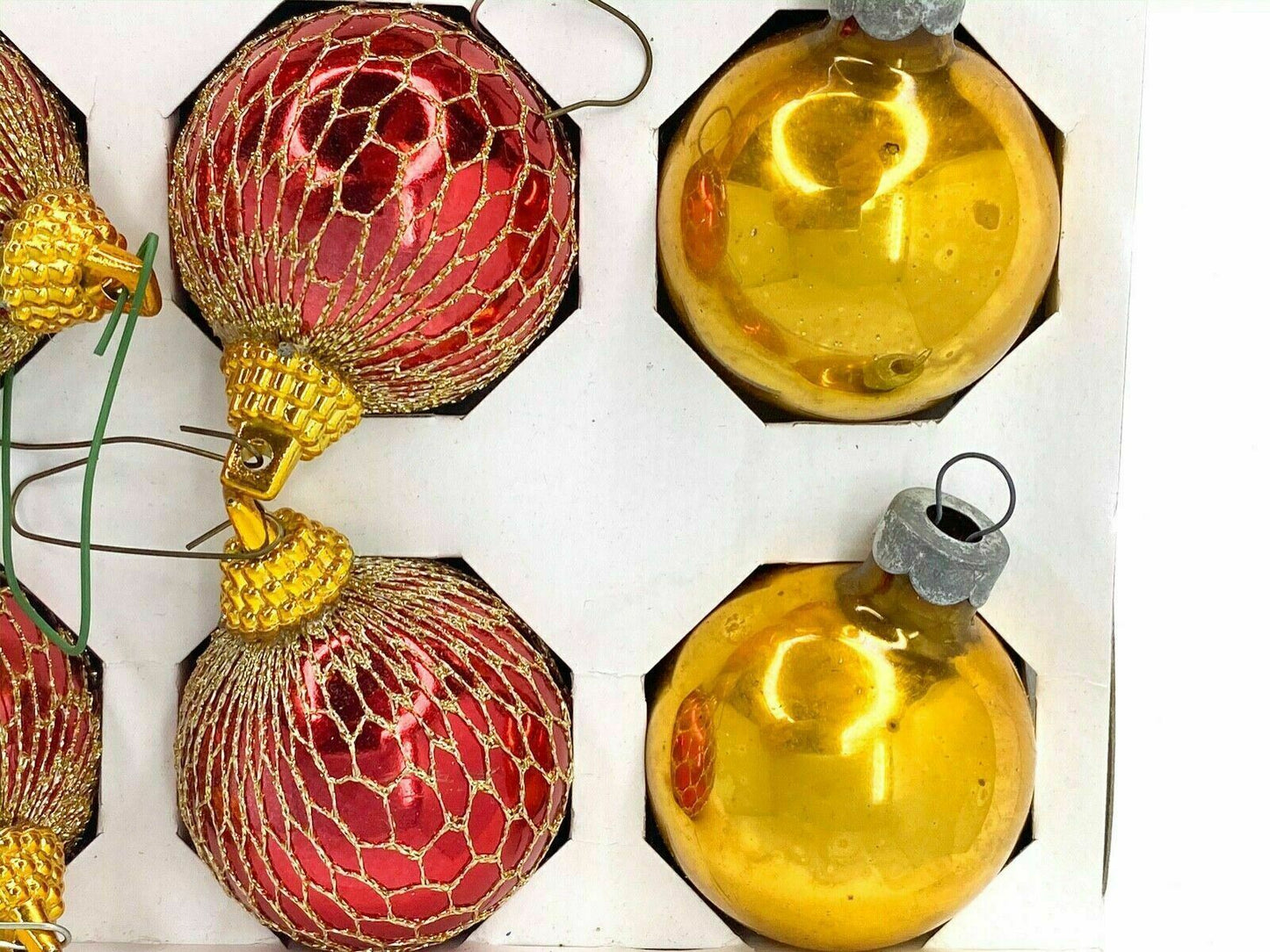 Holly Glass Christmas Ball Ornaments Gold/Red, Vintage