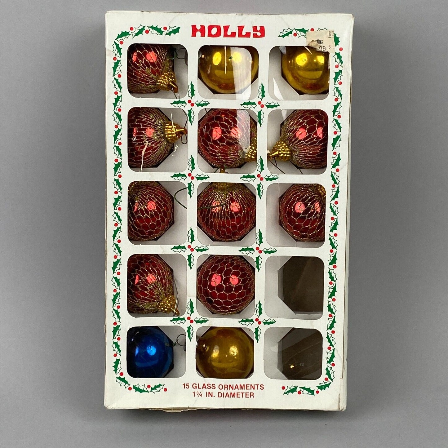 Holly Glass Christmas Ball Ornaments Gold/Red, Vintage