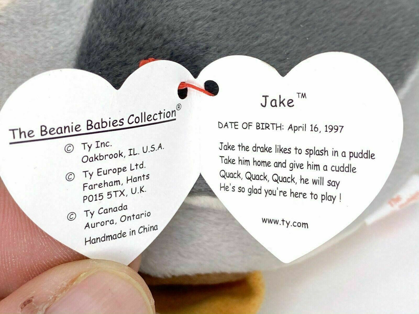 Classic TY Beanie Babies- Rare, retired Jake the Duck 1997. (Errors on Tag)