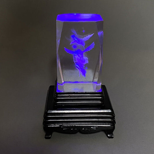 Hummingbirds Flower Glass Laser Etched Crystal Cube Holographic - illuminated