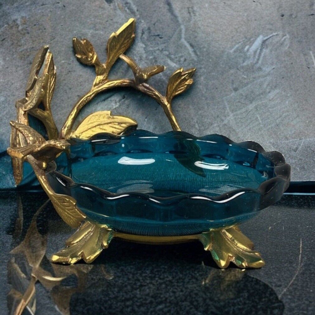 Vintage Art Glass Tray Trinket Dish with Brass Metal Birds 5.5" Diameter