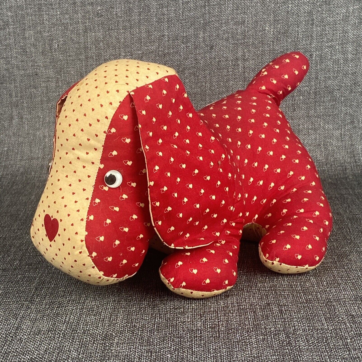 Vintage 1940s Handmade Sewn Stuffed Dog Plush, hearts, about 10" long