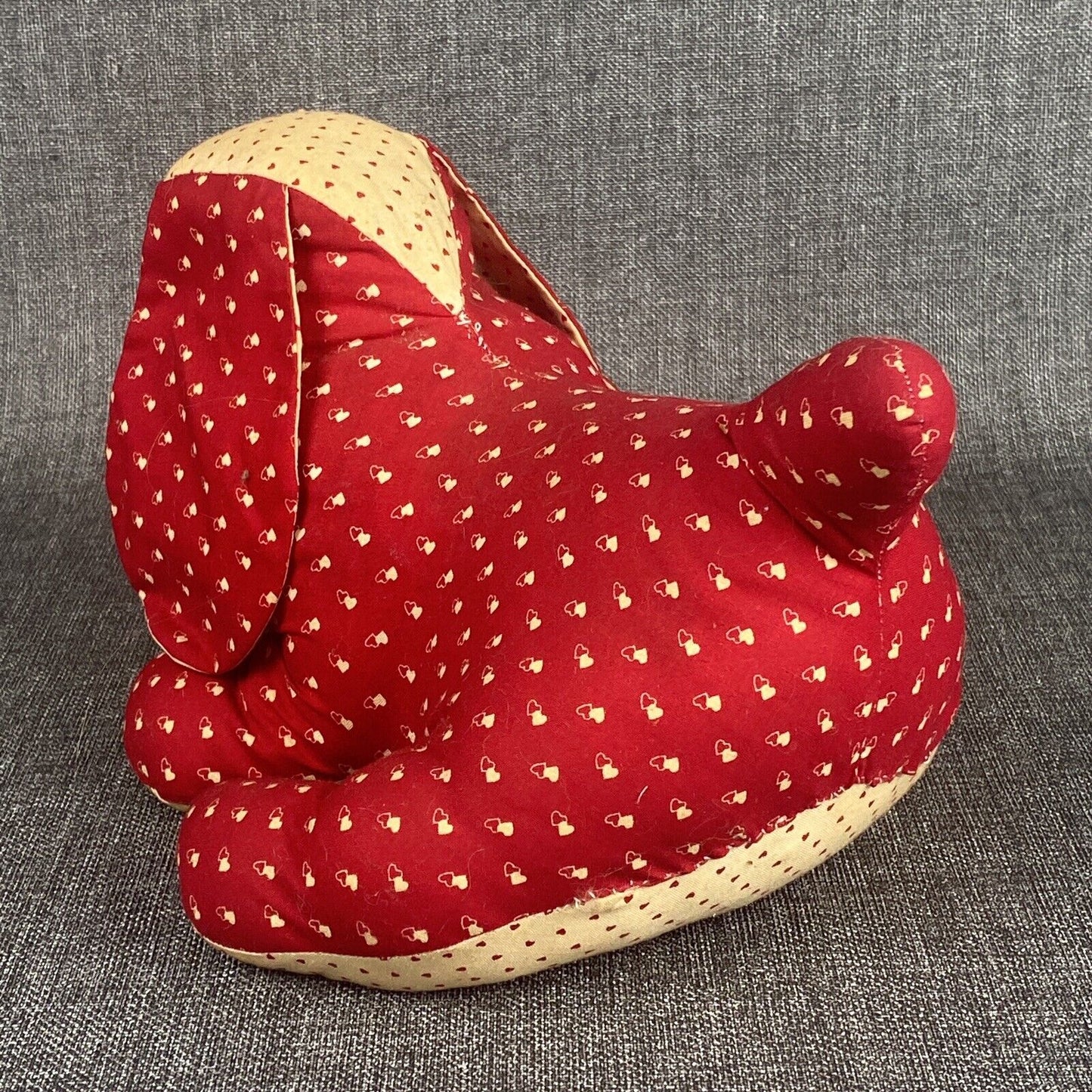 Vintage 1940s Handmade Sewn Stuffed Dog Plush, hearts, about 10" long
