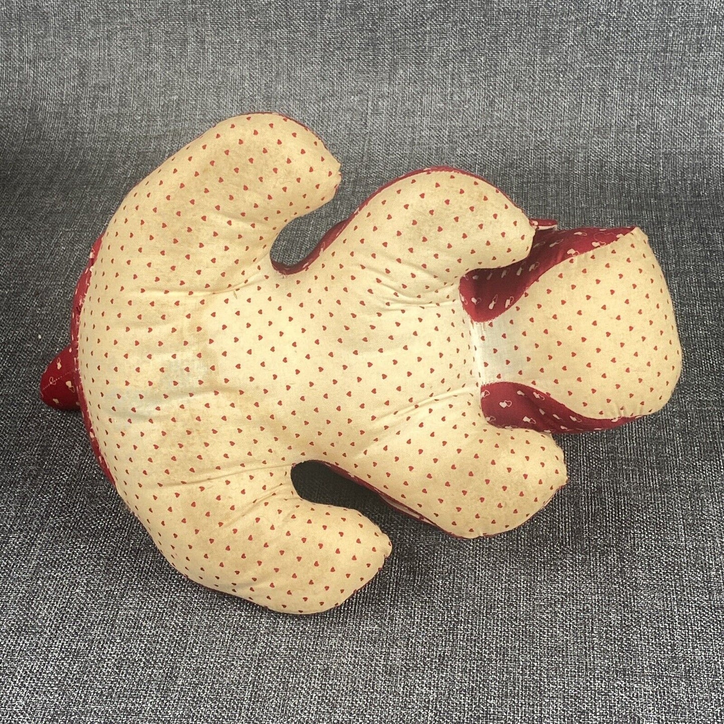 Vintage 1940s Handmade Sewn Stuffed Dog Plush, hearts, about 10" long