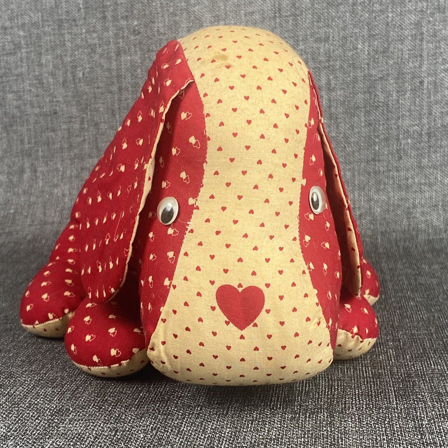 Vintage 1940s Handmade Sewn Stuffed Dog Plush, hearts, about 10" long