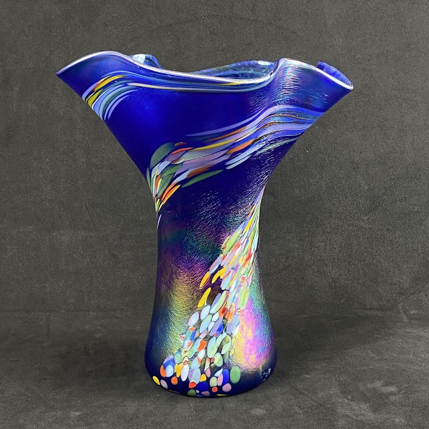 Amazing Vintage Handblown Art Glass Vase Blue and Multicolor (Rainbow Colors)