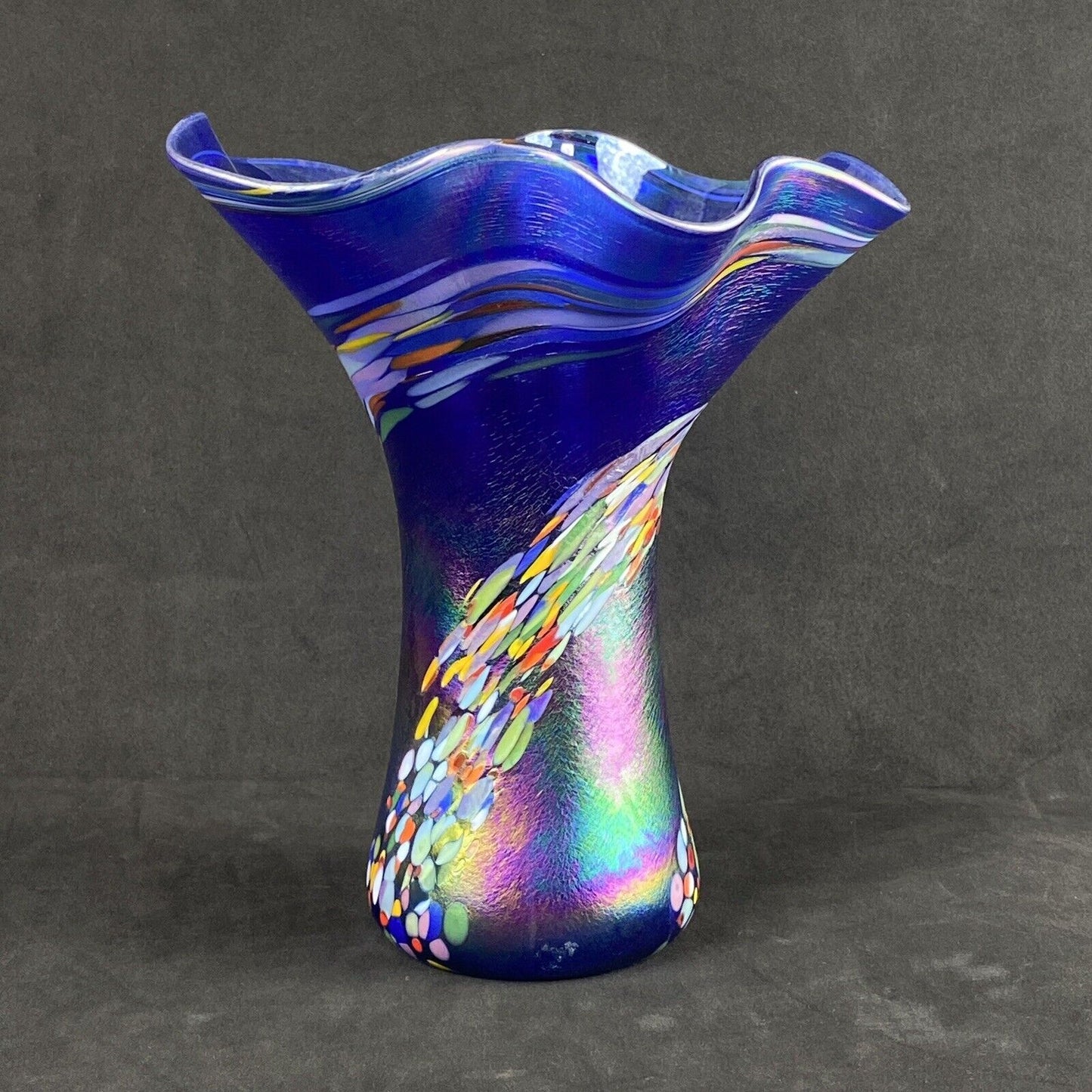 Amazing Vintage Handblown Art Glass Vase Blue and Multicolor (Rainbow Colors)