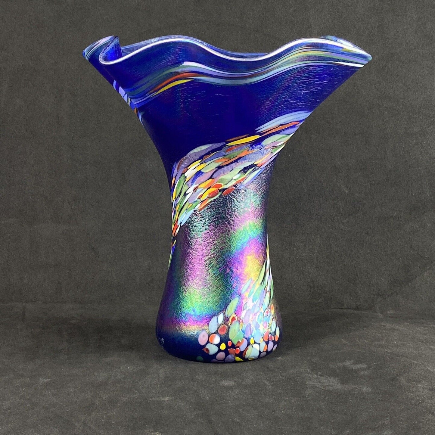 Amazing Vintage Handblown Art Glass Vase Blue and Multicolor (Rainbow Colors)