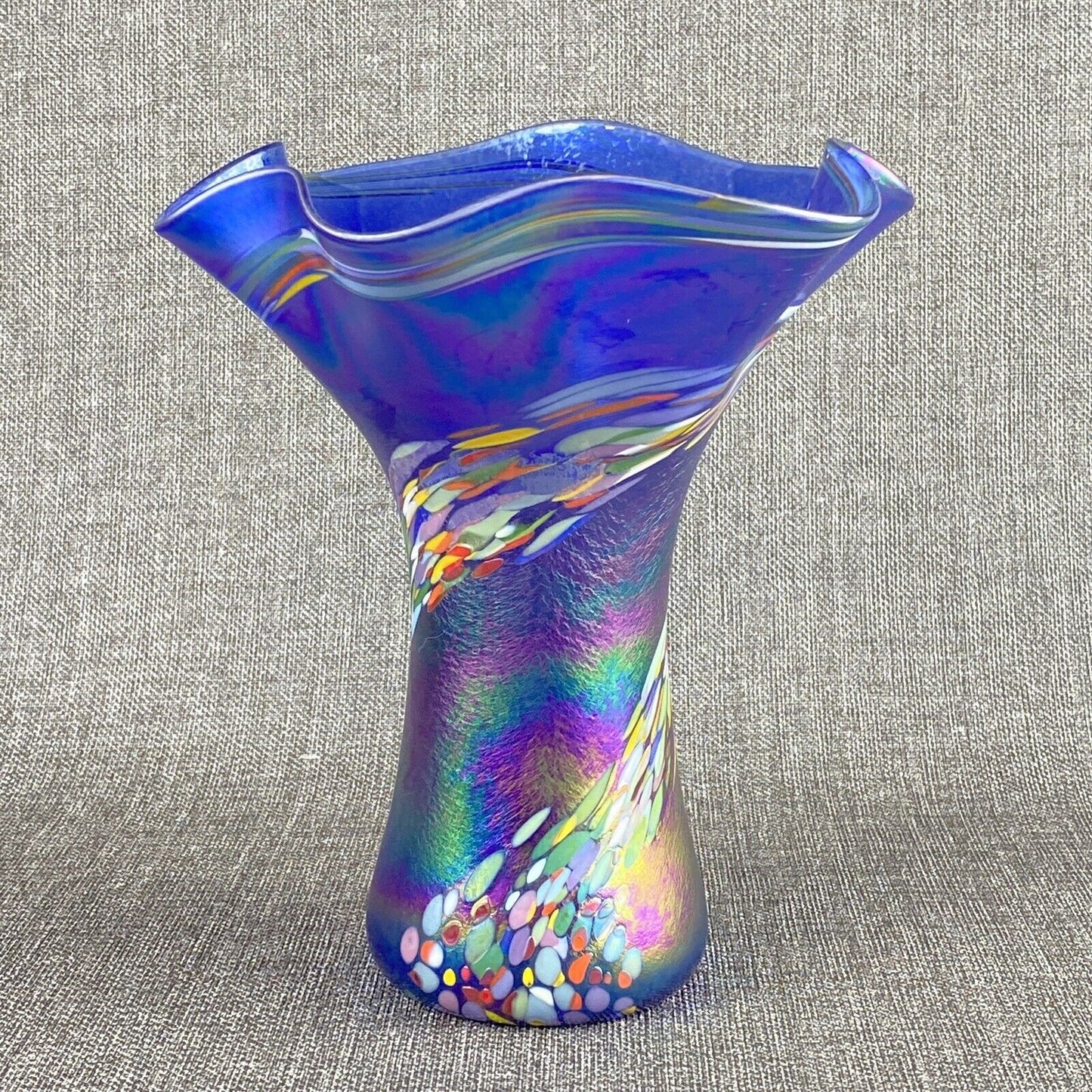 Amazing Vintage Handblown Art Glass Vase Blue and Multicolor (Rainbow Colors)
