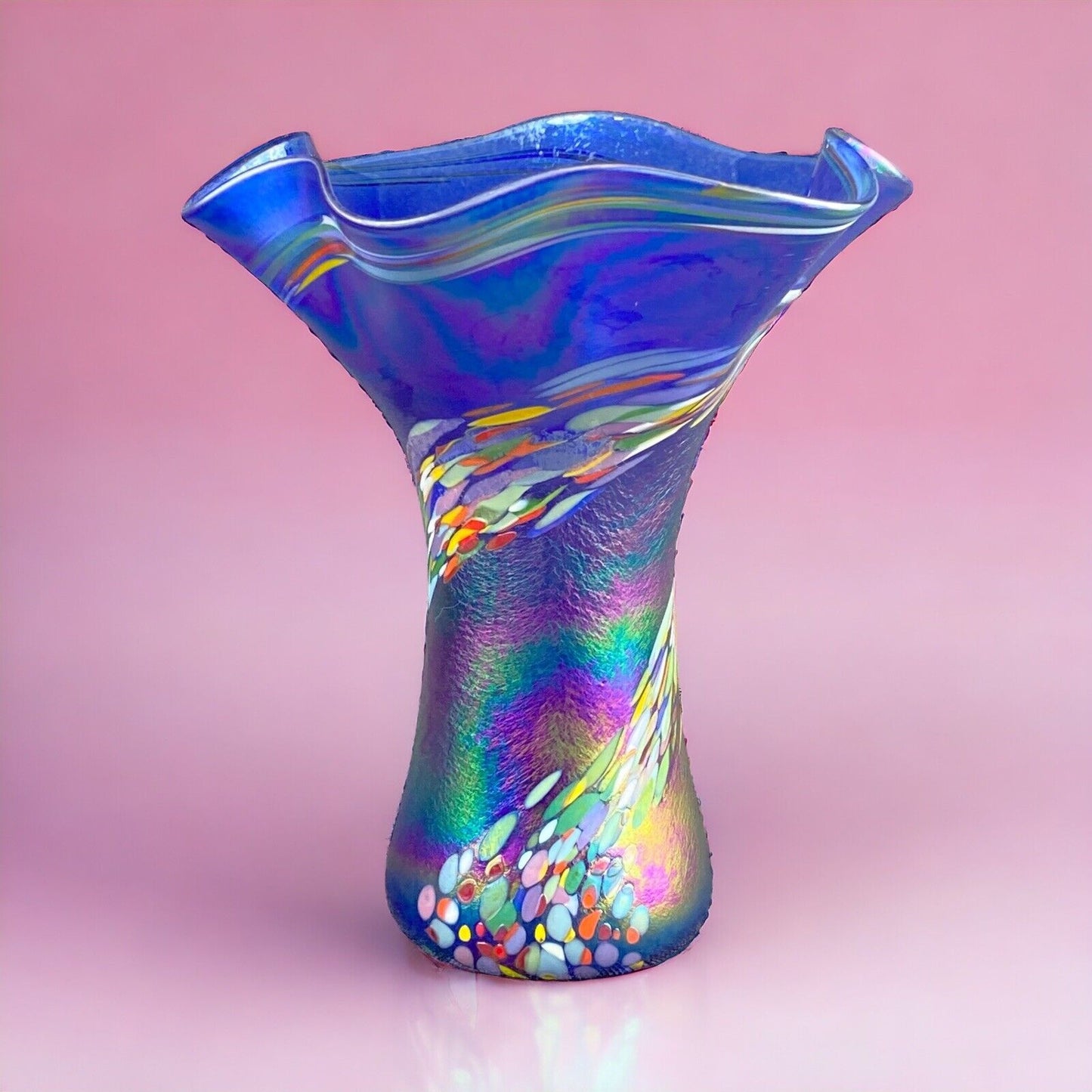 Amazing Vintage Handblown Art Glass Vase Blue and Multicolor (Rainbow Colors)