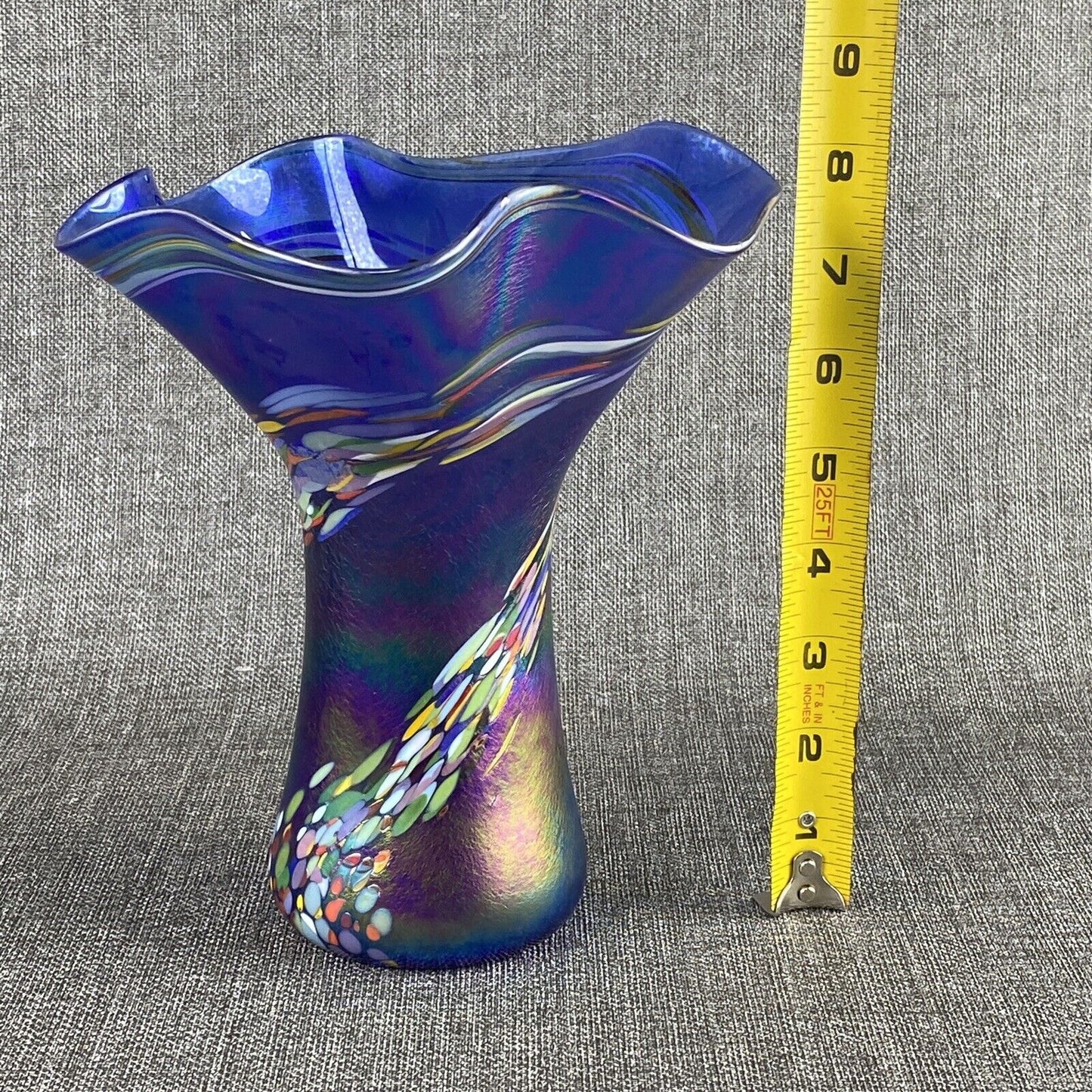 Amazing Vintage Handblown Art Glass Vase Blue and Multicolor (Rainbow Colors)