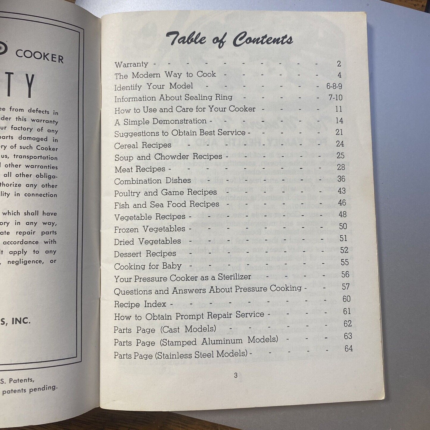 Presto Pressure Cooker Instructions and Cooking Time Tables 1960