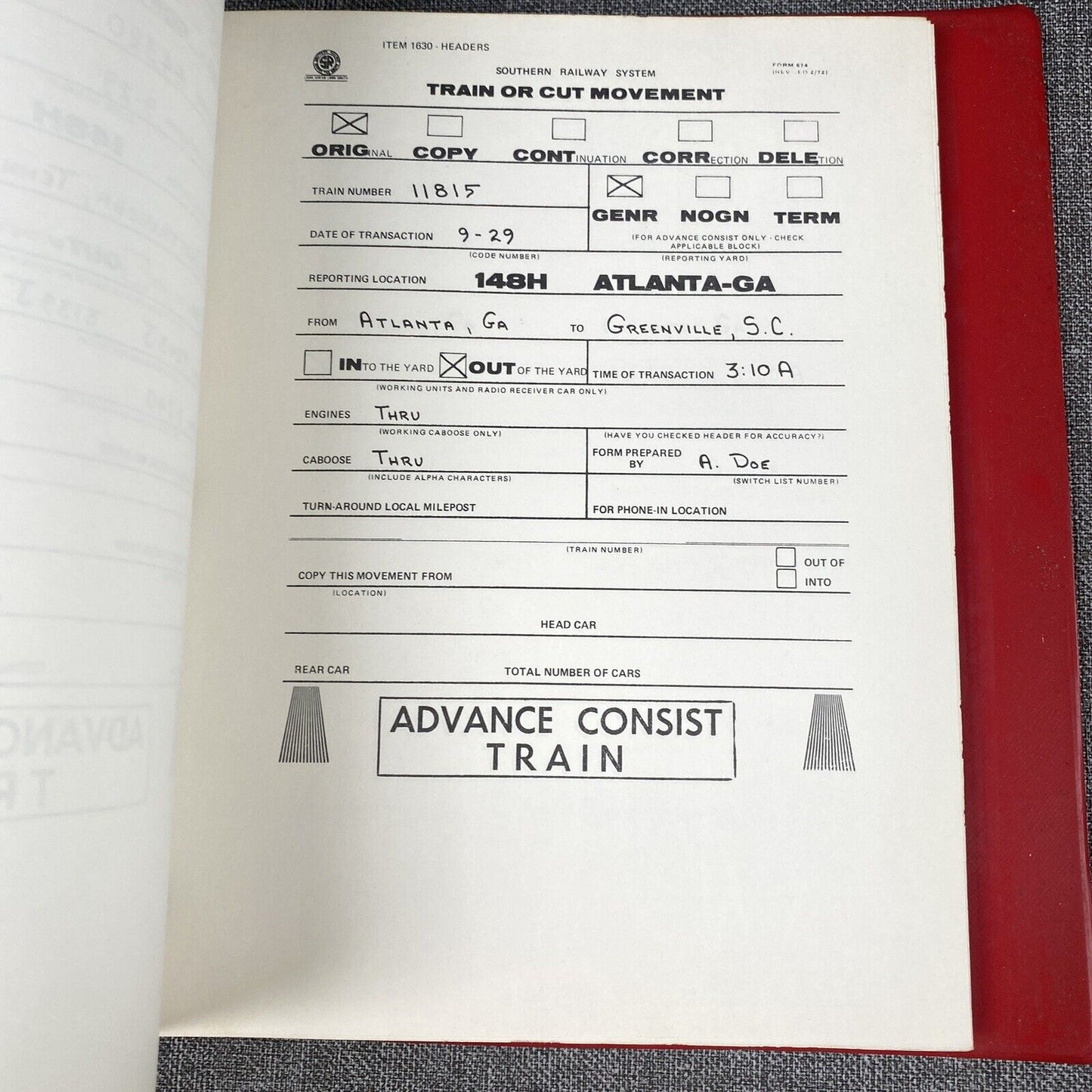 Southern Railway SOU RR Data Reporting Manual , Advance Consist , 1970's