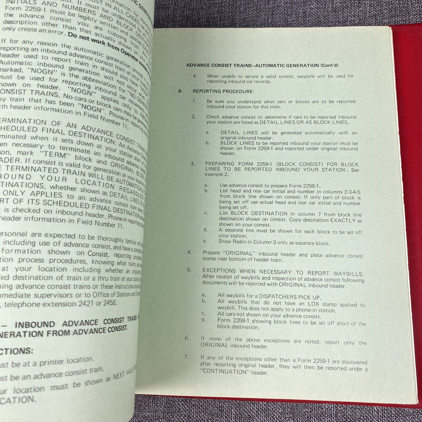 Southern Railway SOU RR Data Reporting Manual , Advance Consist , 1970's
