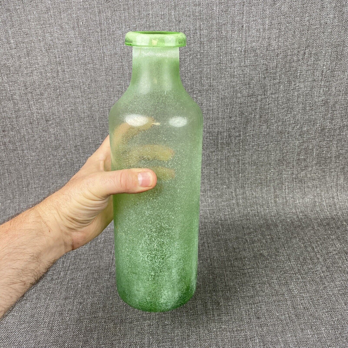 Vintage Hand Blown Green Glass Bottle with pontil on the bottom 13" tall