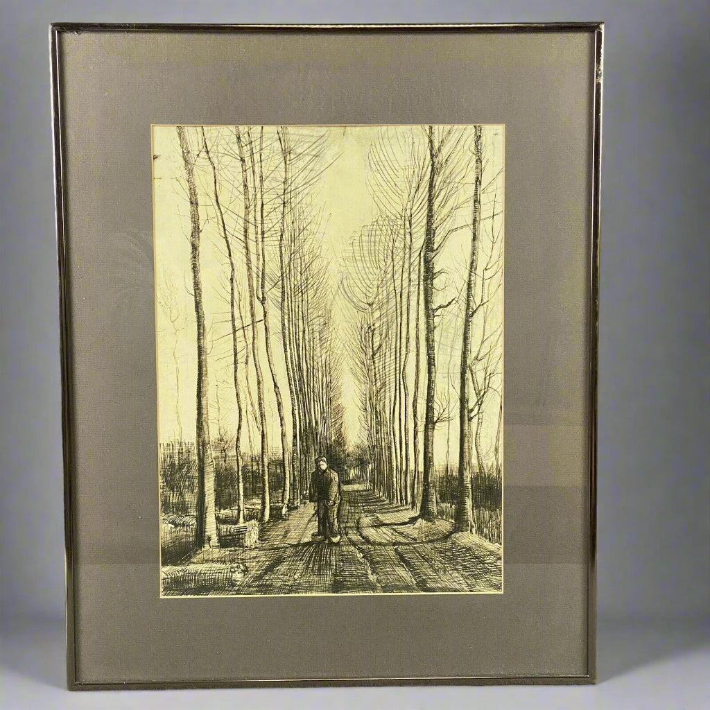 Vintage Framed Lithograph of Van Gogh The Road with Poplars Pencil Studies