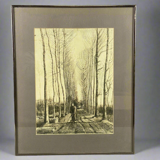 Vintage Framed Lithograph of Van Gogh The Road with Poplars Pencil Studies