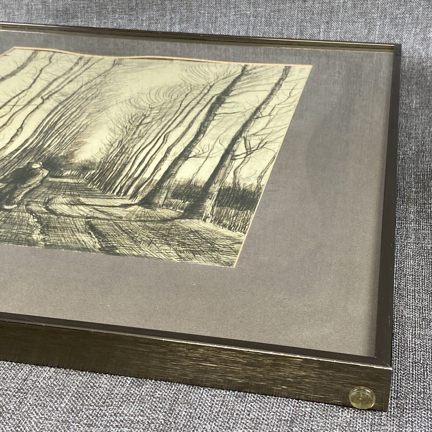Vintage Framed Lithograph of Van Gogh The Road with Poplars Pencil Studies