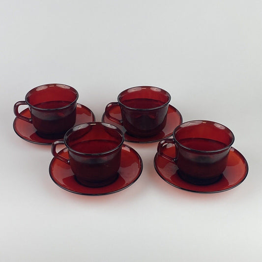4 Vintage Glcoloc France Ruby Red Glass Mugs Coffee Tea Cups Glassware