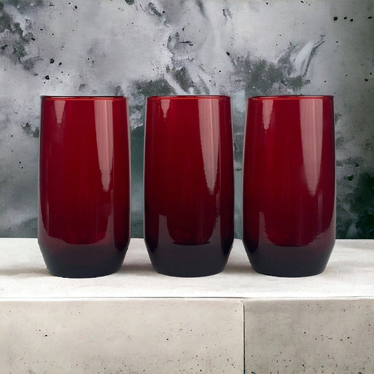 3 Vintage Anchor Hocking Roly Poly Ruby Red Glasses 8 oz Tumblers