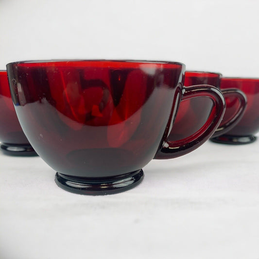 Set of 4 - Vintage Anchor Hocking ROYAL RUBY RED Mugs with Saucers