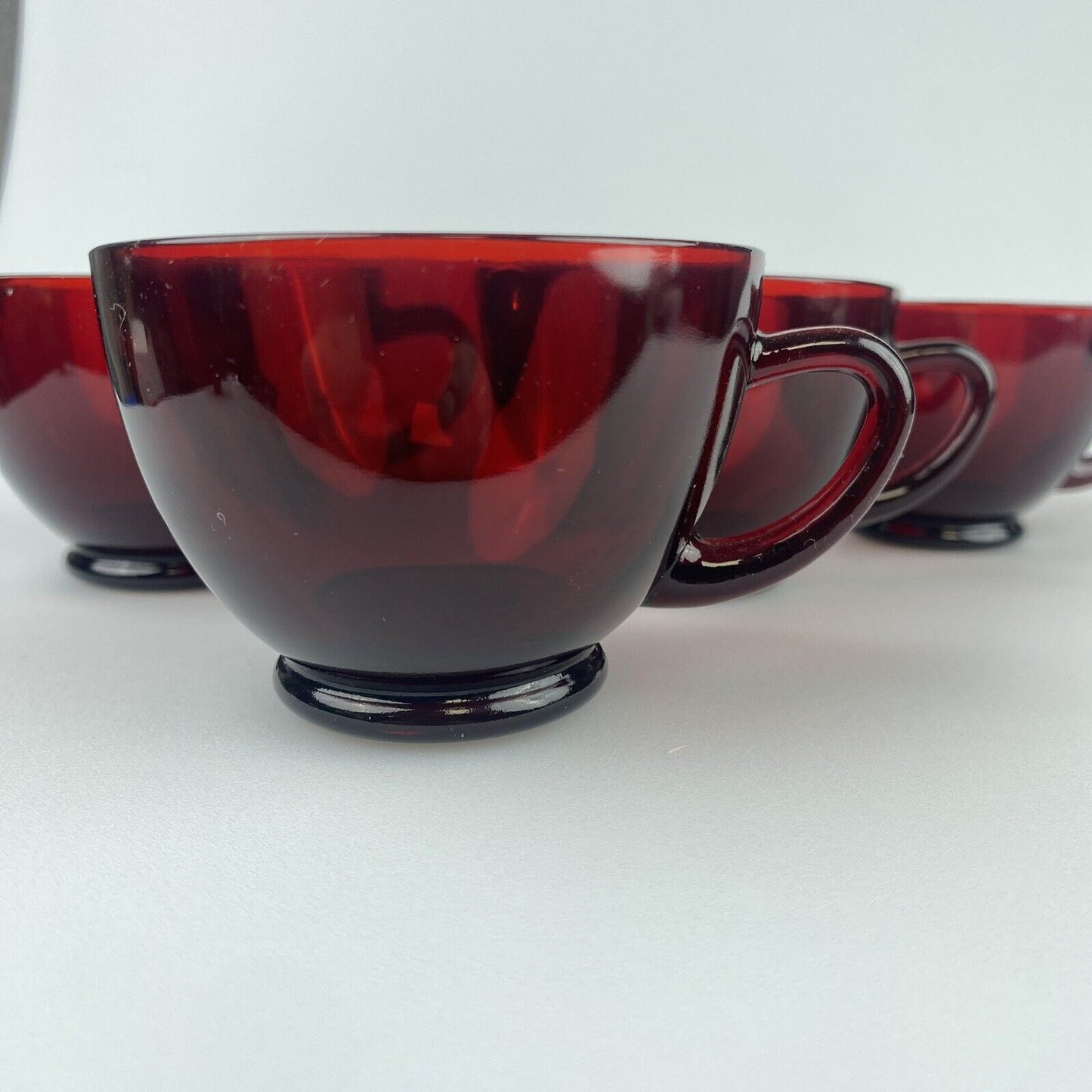 Set of 4 - Vintage Anchor Hocking ROYAL RUBY RED Mugs with Saucers