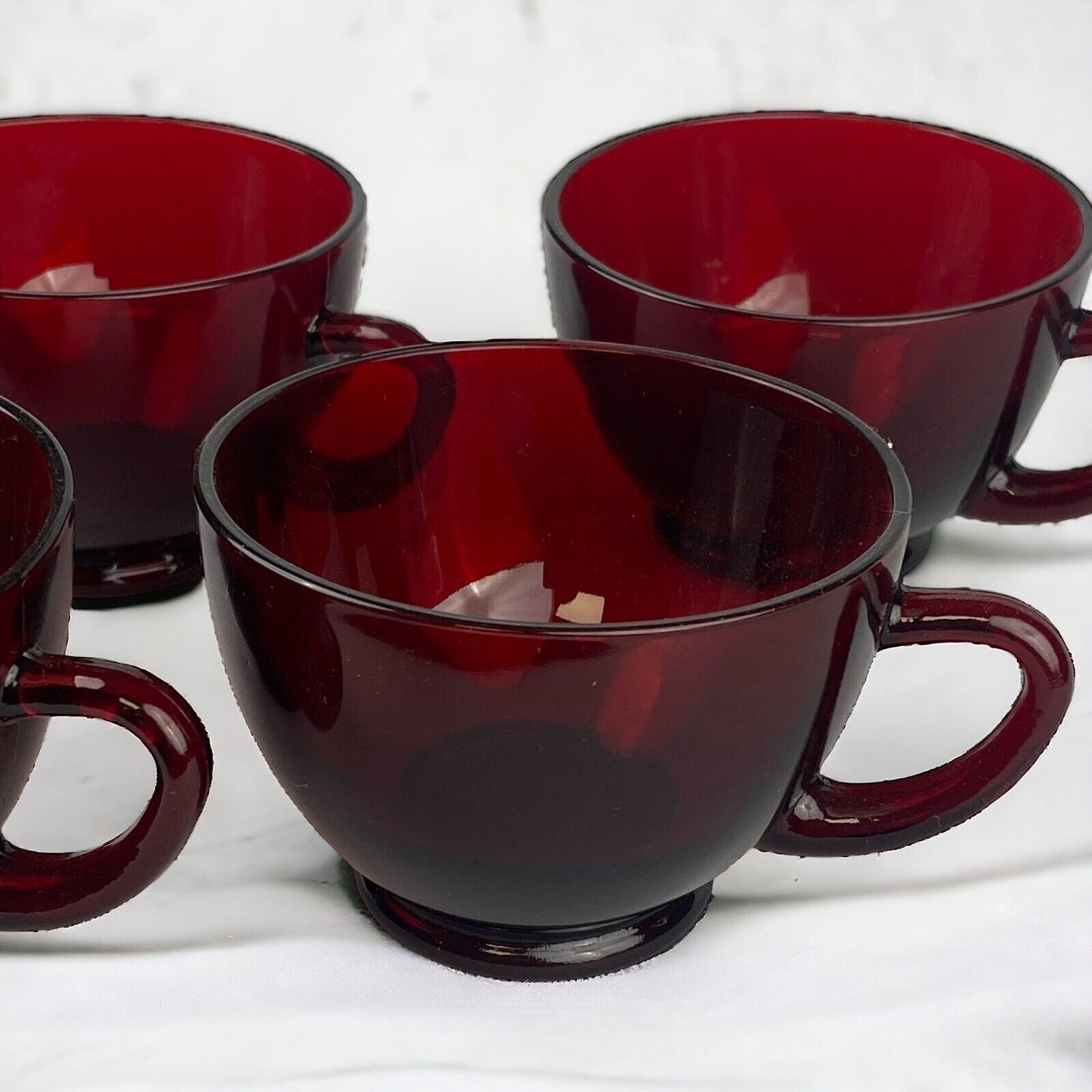 Set of 4 - Vintage Anchor Hocking ROYAL RUBY RED Mugs with Saucers