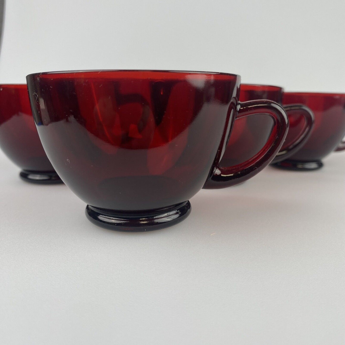 Set of 4 - Vintage Anchor Hocking ROYAL RUBY RED Mugs with Saucers