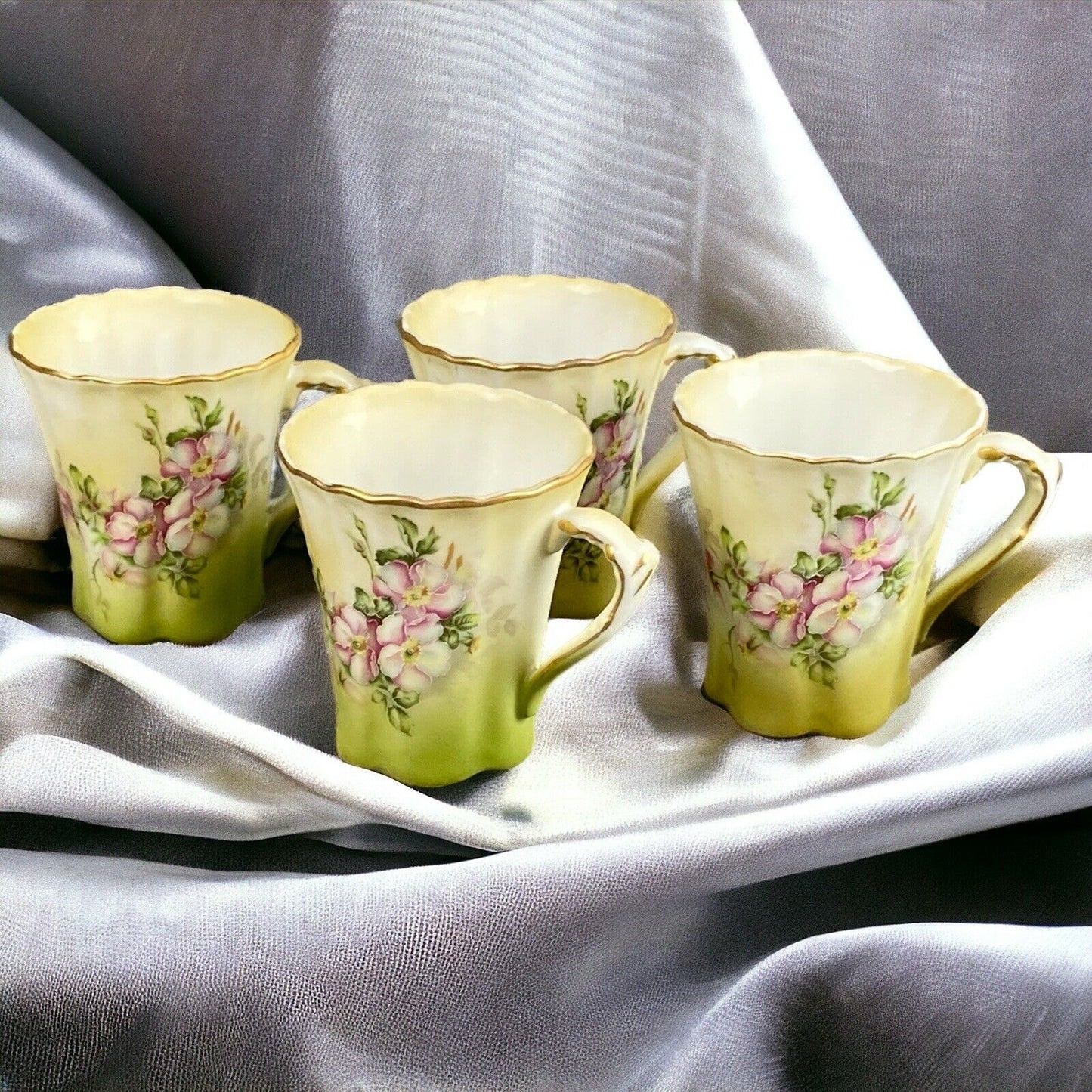 Set of 4 Vintage Chocolate Cups Green with Pink and Cream Floral