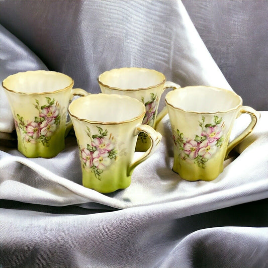 Set of 4 Vintage Chocolate Cups Green with Pink and Cream Floral