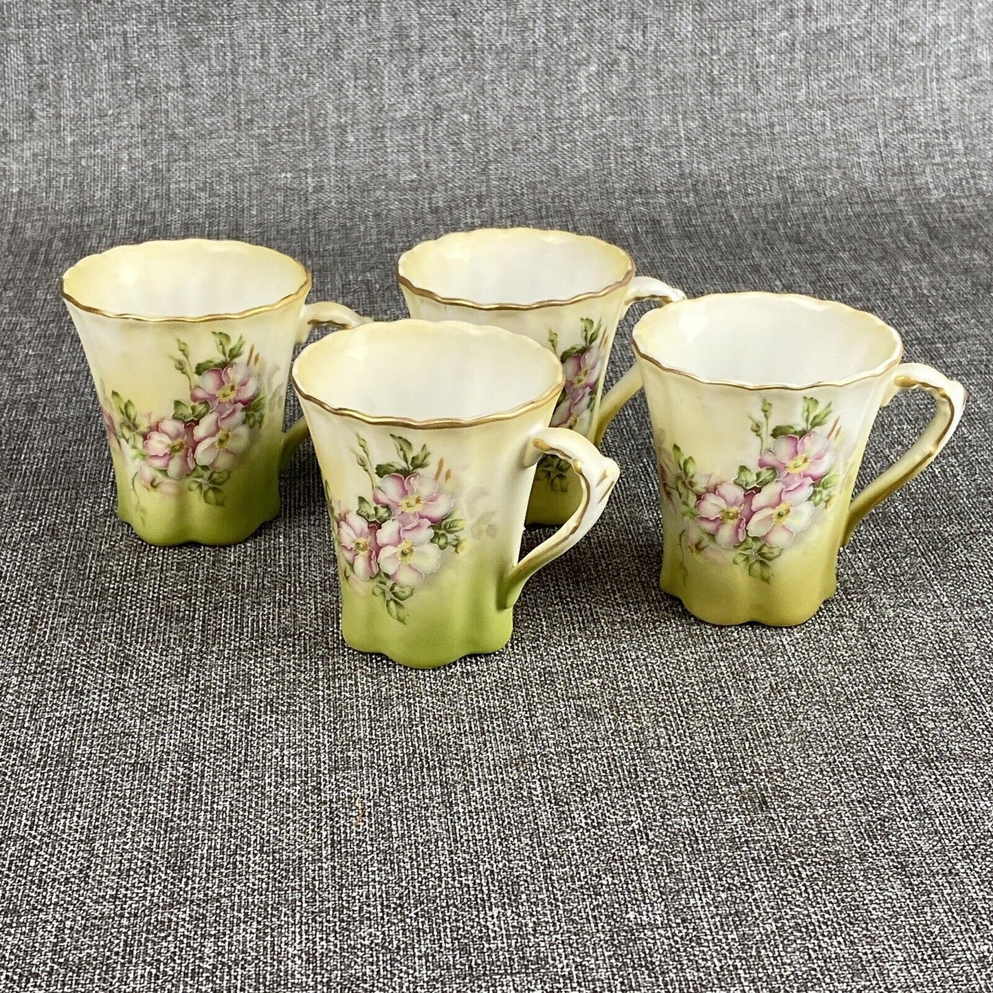Set of 4 Vintage Chocolate Cups Green with Pink and Cream Floral