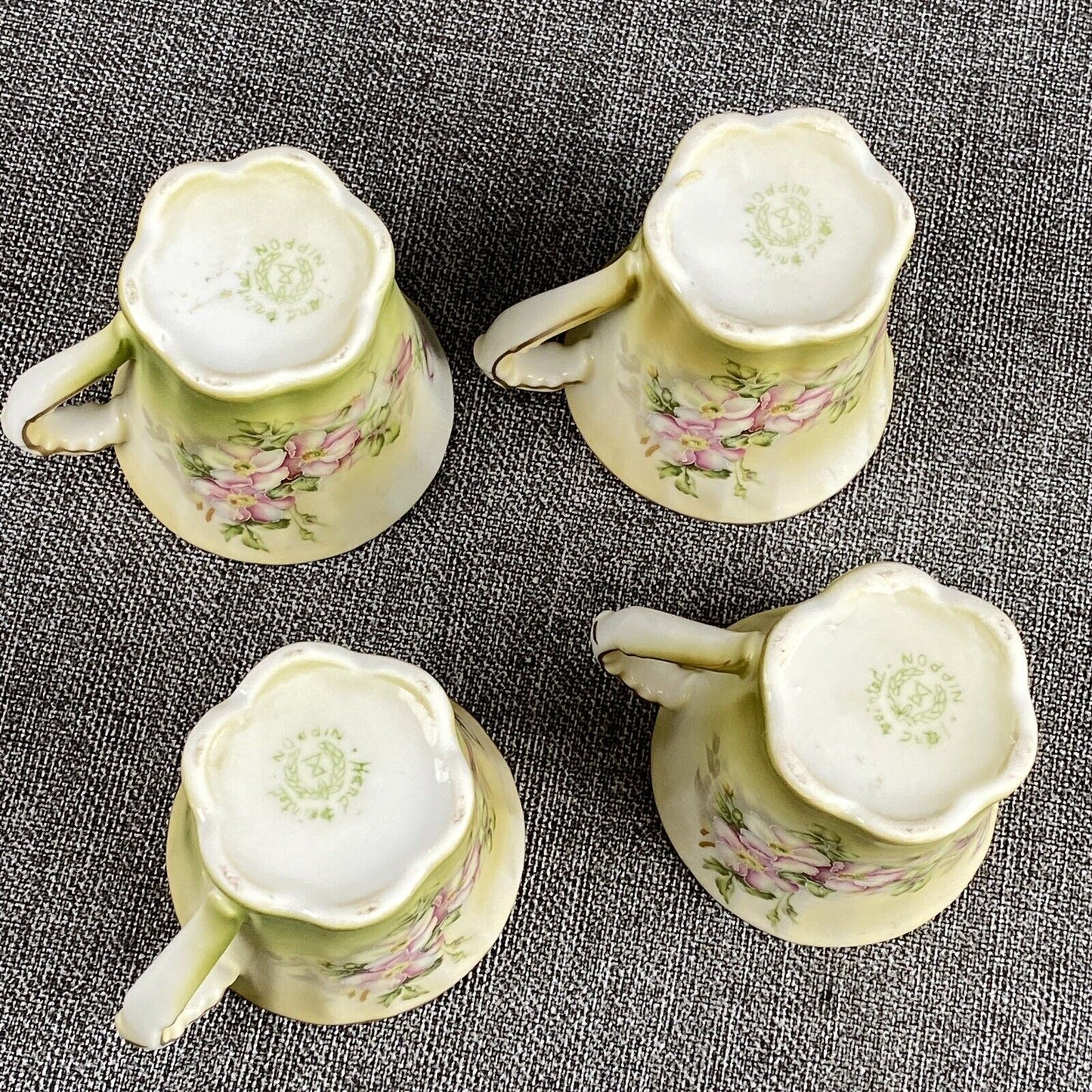 Set of 4 Vintage Chocolate Cups Green with Pink and Cream Floral