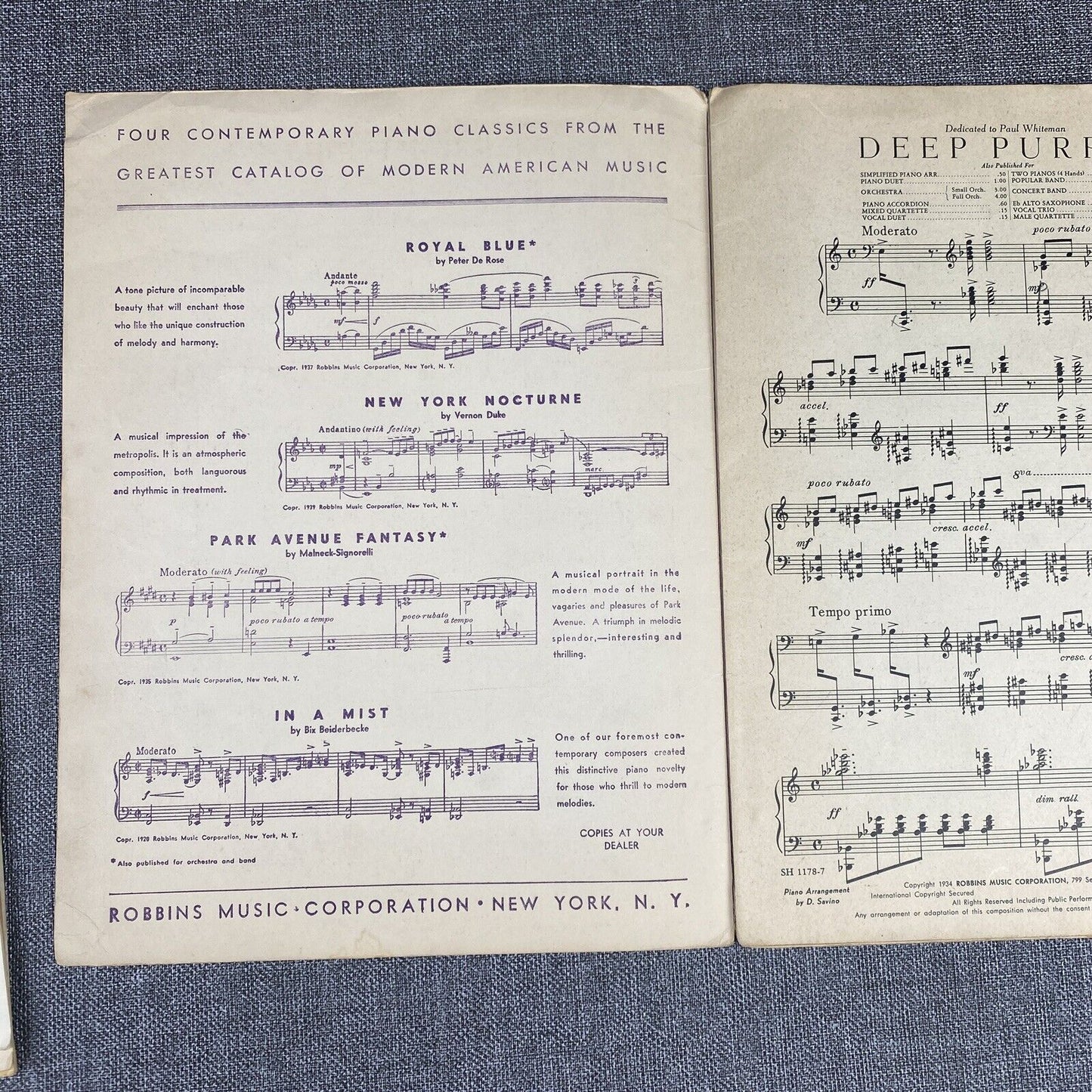 Deep Purple By Peter De Rose, A Modern Composition For The Piano, 1934 Edition