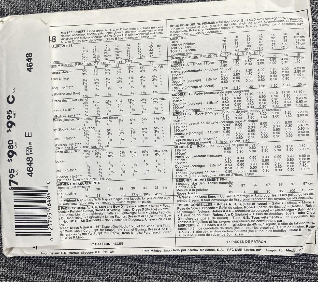 McCall's 4648 Misses Sewing Pattern Size Tall E 14, 16, 18 UnCut 1990