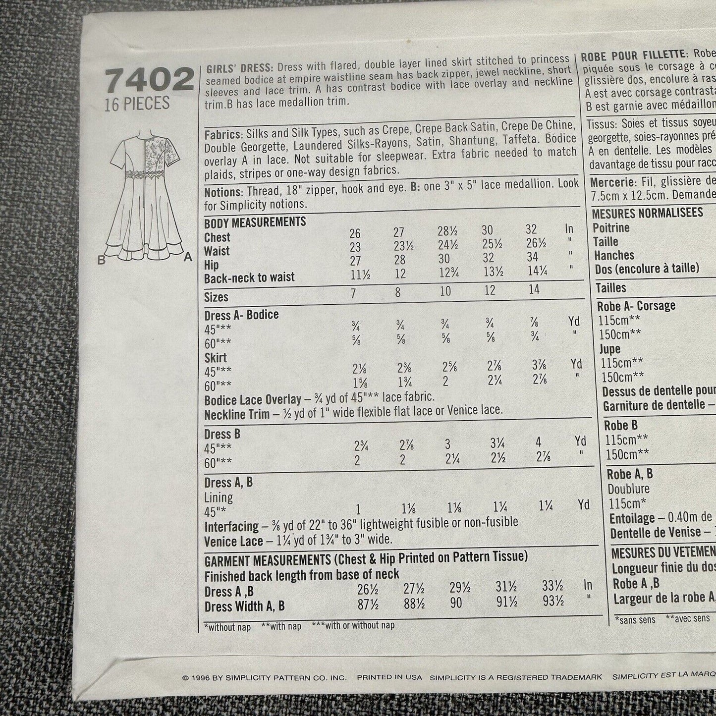 Vintage Simplicity 7402 Jessica McClintock Dress pattern Sz AA 7/8/10 1996 UNCUT