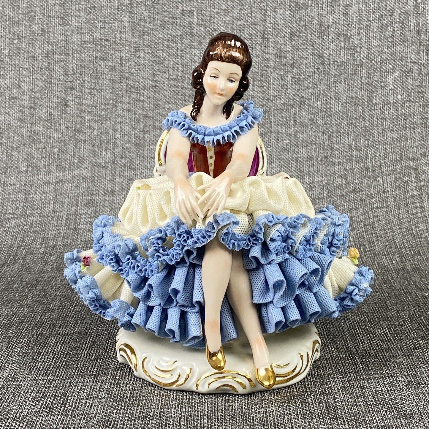 Karl Klette Women Figurine from Dresden West Germany 6.5" Blue Ruffles