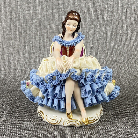 Karl Klette Women Figurine from Dresden West Germany 6.5" Blue Ruffles
