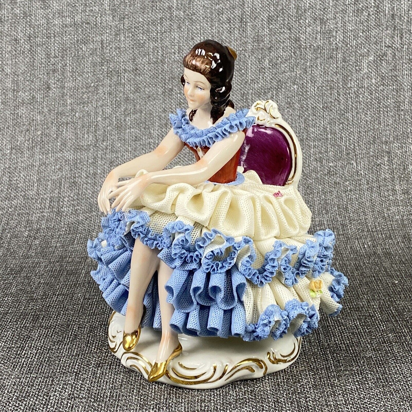 Karl Klette Women Figurine from Dresden West Germany 6.5" Blue Ruffles