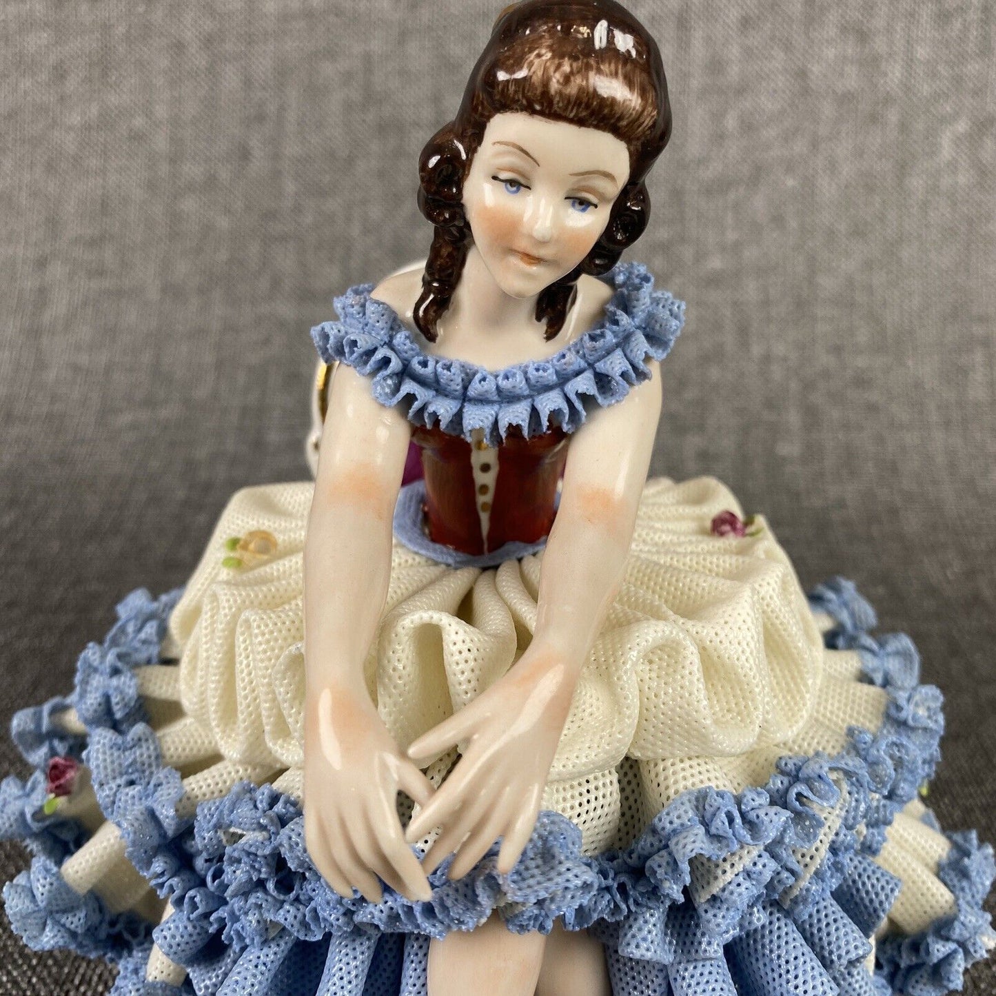 Karl Klette Women Figurine from Dresden West Germany 6.5" Blue Ruffles