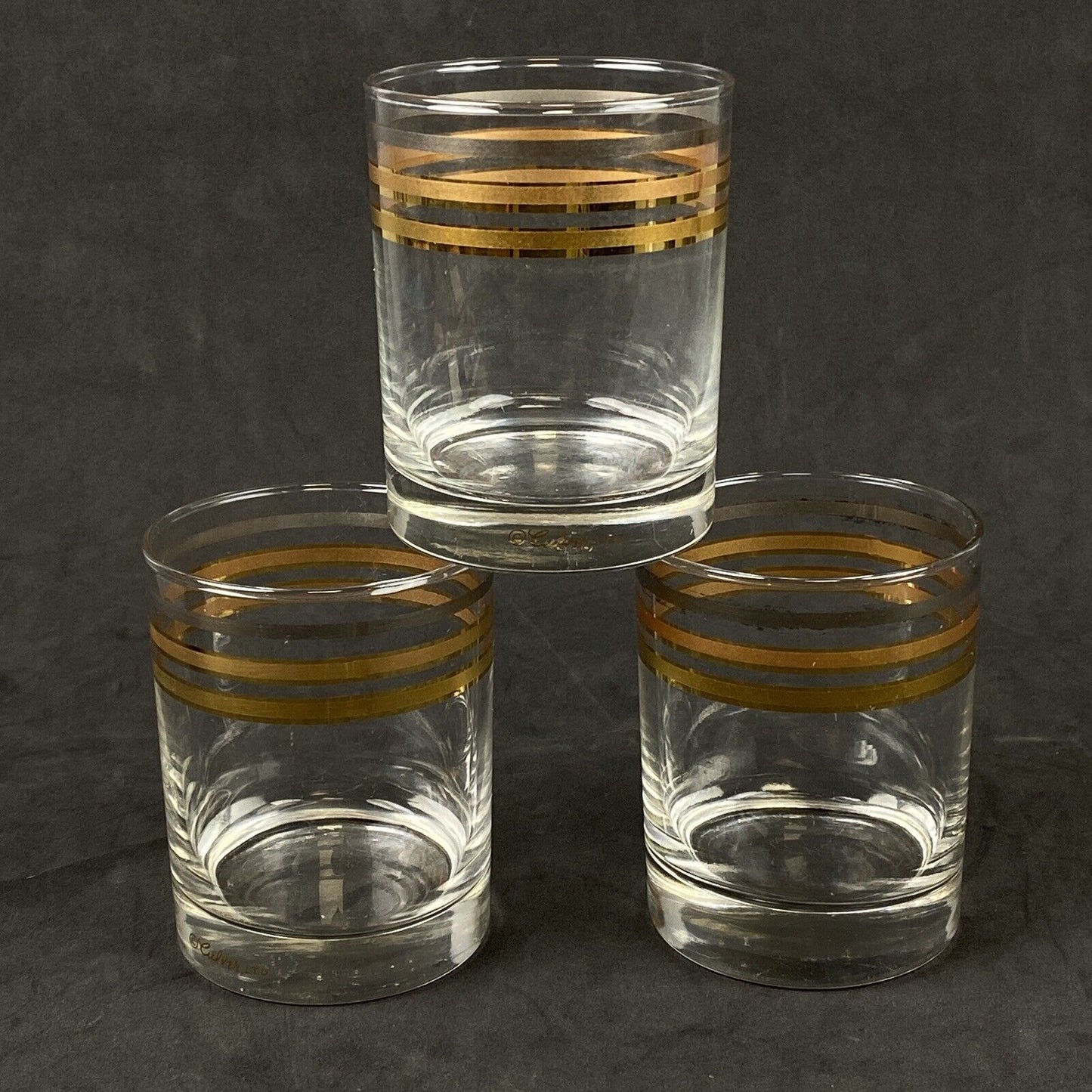 3 Vintage Mid Century Culver Gold & Silver Stripes Rocks Low Ball Glasses