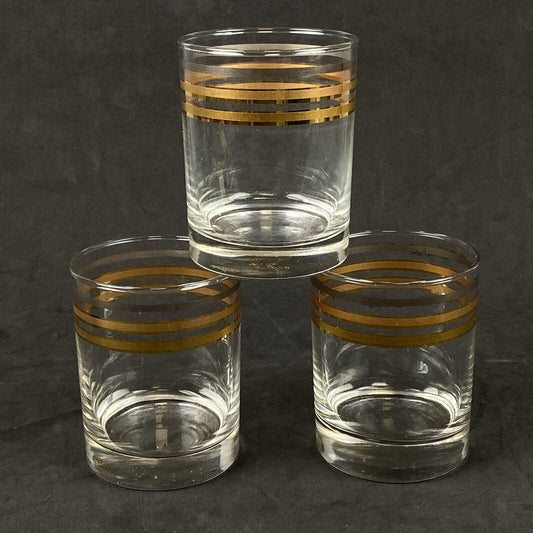 3 Vintage Mid Century Culver Gold & Silver Stripes Rocks Low Ball Glasses