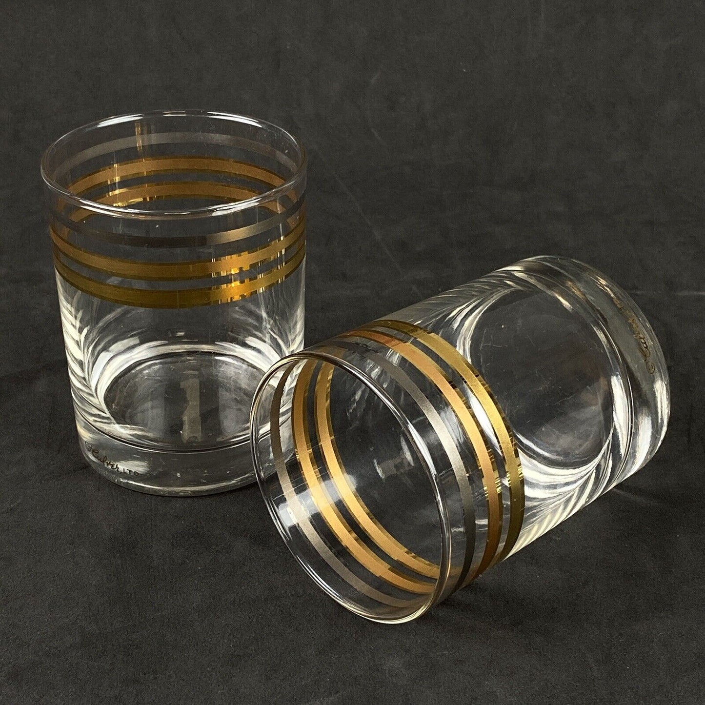 3 Vintage Mid Century Culver Gold & Silver Stripes Rocks Low Ball Glasses